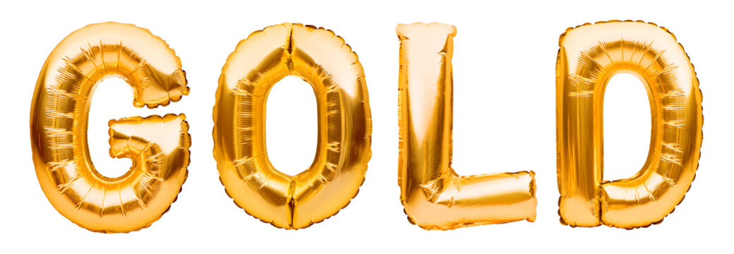 Word GOLD made of golden inflatable balloons isolated on white background. Helium balloons gold foil forming word gold. Discount and advertisement, party decoration