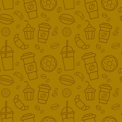 Seamless coffee pattern, milkshake, donut croissant, cake, coffee beans. Vector graphics, flat illustration.