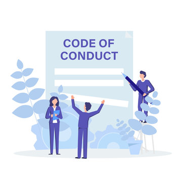 Code Of Conduct Concept Flat Illustration. People Working, Discussing And Create Rules, Principles, Values, And Employee Expectations To Their Operation.