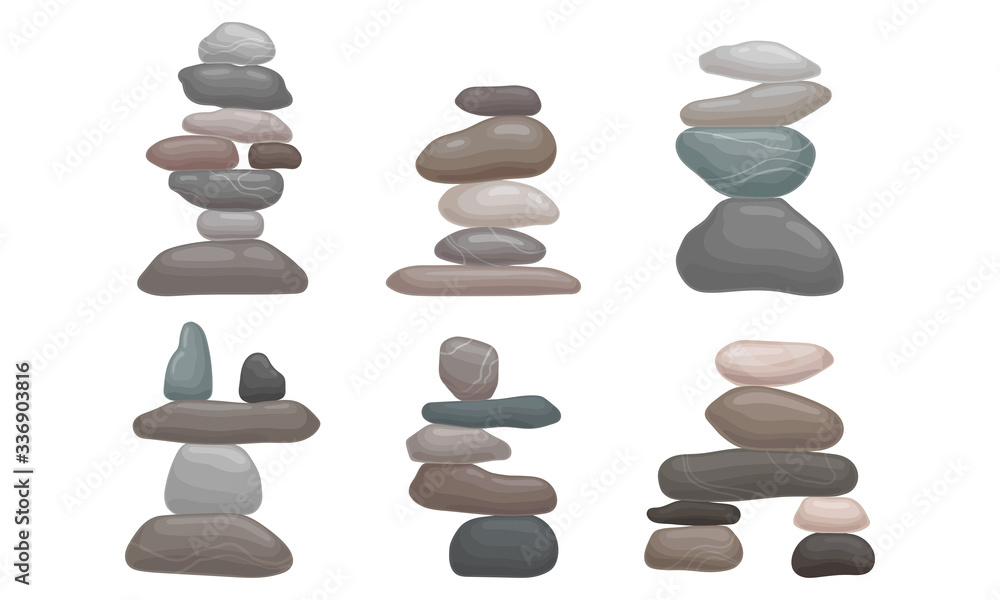 Poster smooth stones and pebbles balancing on each other creating tower vector set