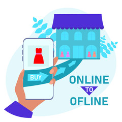 Online to offline  concepts flat vector illustration. O2O Digital marketing system. Consumer makes purchases from physical businesses.