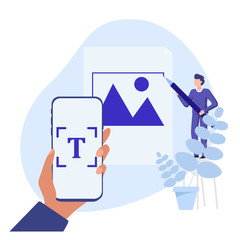 Machine learning title generation, Image Description. Image captioning systems made by mobile app. Vector concept illustration.