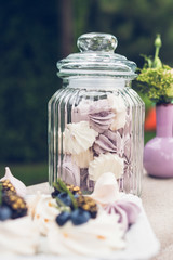 Mini meringue white and purple in the jar. Candy bar. Wedding