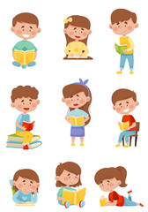 Kids in Sitting and Lying Pose Reading Book Vector Illustrations Set