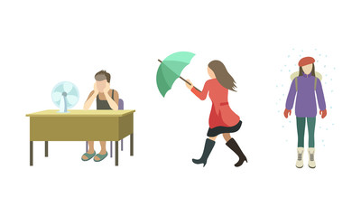 Set of people struggling from strong wind raining, abnormal heat, snowfall. Vector illustration in flat cartoon style.