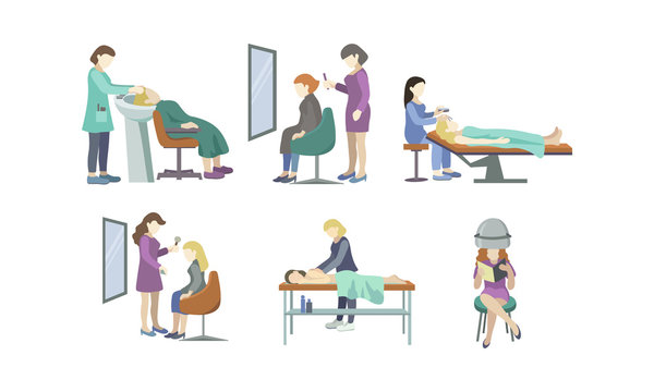 Set of the beauty salon different services. Vector illustration in flat cartoon style.