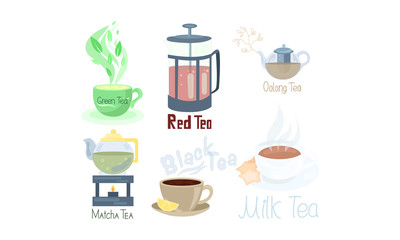 Set of different tea types and tea supplements. Vector illustration in flat cartoon style.