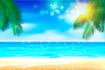 Fototapeta na wymiar Summer Background. Nature green palm leaf on Tropical beach with yellow sand, blue ocean and sky. Bokeh sun light wawe. Vacation or paradise business travel concept. Waves and sunlight.