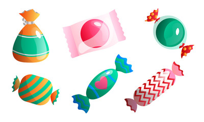 Set of sweet, delicious chocolates in a multi-colored wrapper in different shapes. Vector illustration in a flat cartoon style.