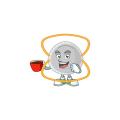 An image cartoon character of N95 mask with a cup of coffee