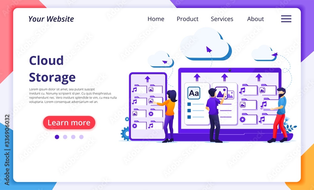 Poster cloud computing service concept, people work on giant devices, cloud storage, data center. modern fl