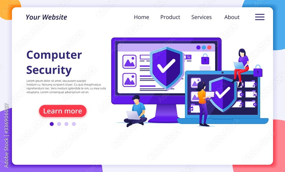 Poster cyber security concept, people work on laptop protecting data and confidentiality. modern flat web p