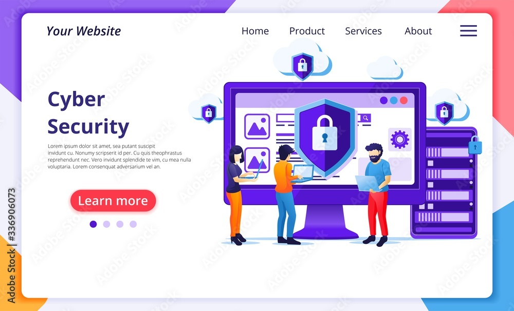 Poster cyber security concept, people work on screen protecting data and confidentiality. modern flat web p
