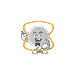 A N95 mask waiter cartoon character ready to serve