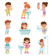 Kid Characters Taking Bath and Brushing Teeth Vector Illustrations Set