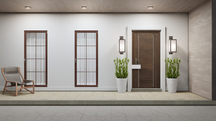 New house with wooden door and empty white signage. 3d rendering of large patio in modern home.