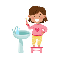 Little Girl Brushing Her Teeth Standing on Stool in Front of the Sink Vector Illustration