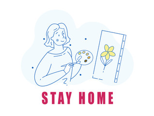 The character of the woman Stay home during the coronavirus pandemic. Home quarantine. Vector illustration.
