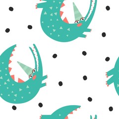 Seamless vector pattern with cartoon green crocodiles. Background for textiles and paper. - 336908001