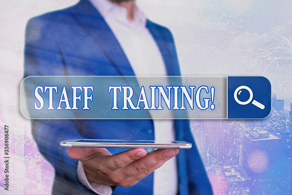 Poster text sign showing staff training. business photo showcasing learn specific knowledge improve perform