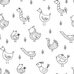 Hand drawn funny birds seamless pattern. Baby seamless vector background. Black and white vector illustration.