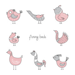 Drawn funny birds collection. Vector illustration.