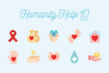 10 Humanity help flat style icon set vector design