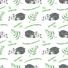 Fototapeta premium Seamless pattern watercolor panda baby and bamboo background