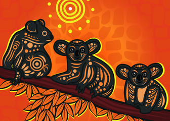 Koala family on wood branch. Aboriginal art vector with koalas bear