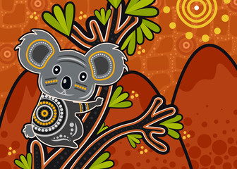Aboriginal art vector painting with Koala bear on wood branch with green leaves. © rashmisingh