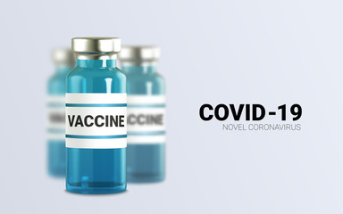 Realistic 3d glass ampoules with medicine. Vaccine injection. corona virus infection, novel coronavirus disease 2019, COVID-19,nCoV 2019. Vector illustration.