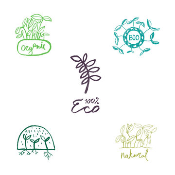 Organic food logo. Healthy eating product icons. Vintage vegan badges with hand-drawn leaves. Trendy vector emblems for bio-agriculture, vegetarian logo, natural cosmetics, eco-friendly label design. 