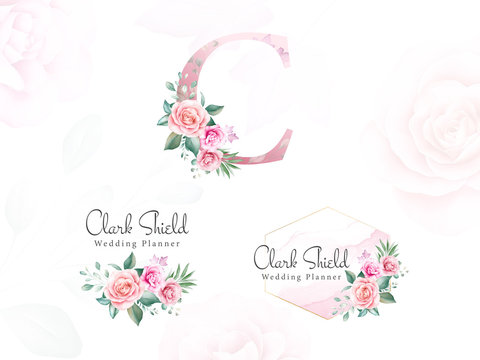 Watercolor Floral Logo Set For Initial C Of Peach Roses And Leaves. Premade Flowers Badge For Branding