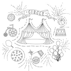 Outline circus icons collection linear style flat vector illustration on white background