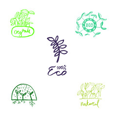 Organic food logo. Healthy eating product icons. Vintage vegan badges with hand-drawn leaves. Trendy vector emblems for bio-agriculture, vegetarian logo, natural cosmetics, eco-friendly label design. 