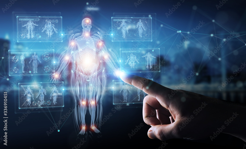 Poster man hand using digital x-ray human body holographic scan projection 3d rendering