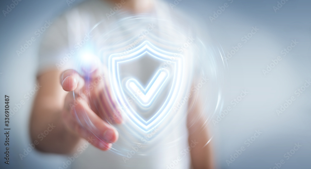 Leinwandbilder man using digital shield protection blue holographic interface 3d rendering