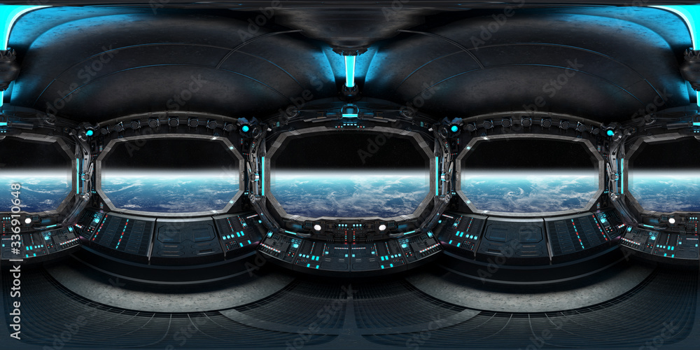 Poster High resolution HDRI panoramic view of dark spaceship interior. 360 panorama reflection mapping of a futuristic spacecraft room 3D rendering