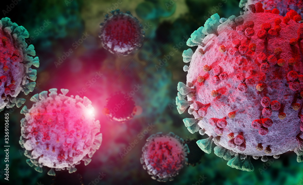 Poster 3d rendering of the coronavirus on a microscopic level. microscope close-up of the covid-19 disease.