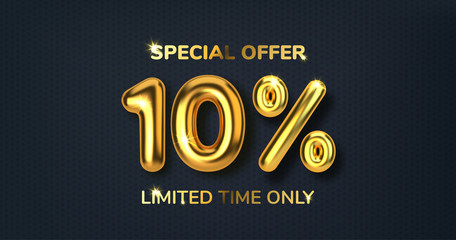 10 off discount promotion sale made of realistic 3d gold balloons. Number in the form of golden balloons. Template for products, advertizing, web banners, leaflets, certificates and postcards. Vector - obrazy, fototapety, plakaty