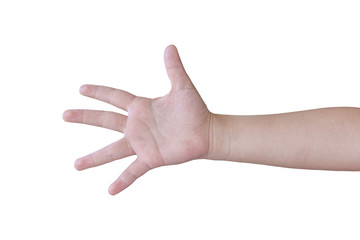 child hand shows the number five isolated on white background with clipping path.