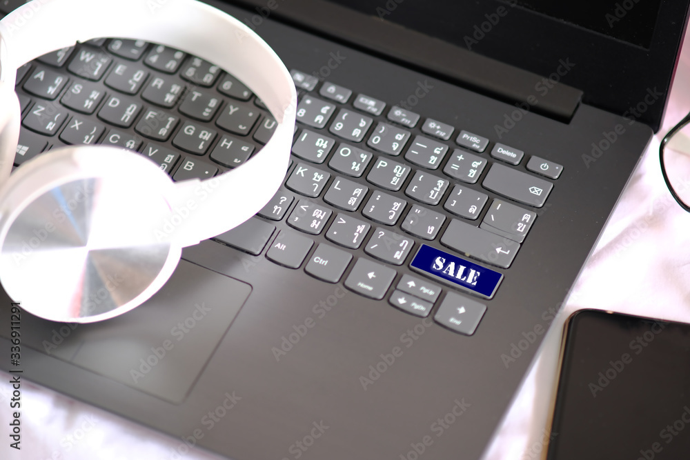 Poster home office table of laptop computer and blank paper background and copy space