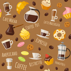 Vector seamless pattern with coffee food and drink elements