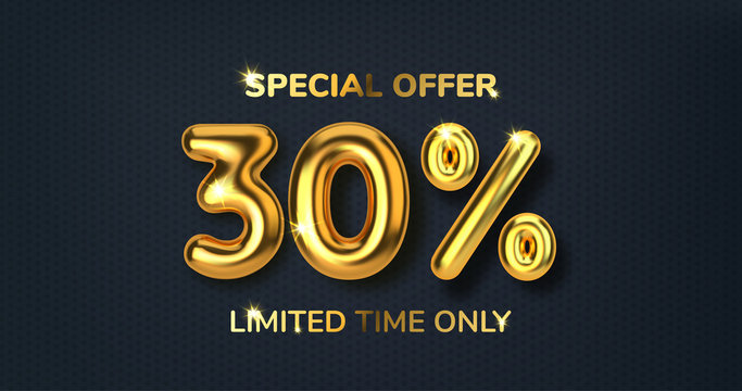 30 off discount promotion sale made of realistic 3d gold balloons. Number in the form of golden balloons. Template for products, advertizing, web banners, leaflets, certificates and postcards. Vector