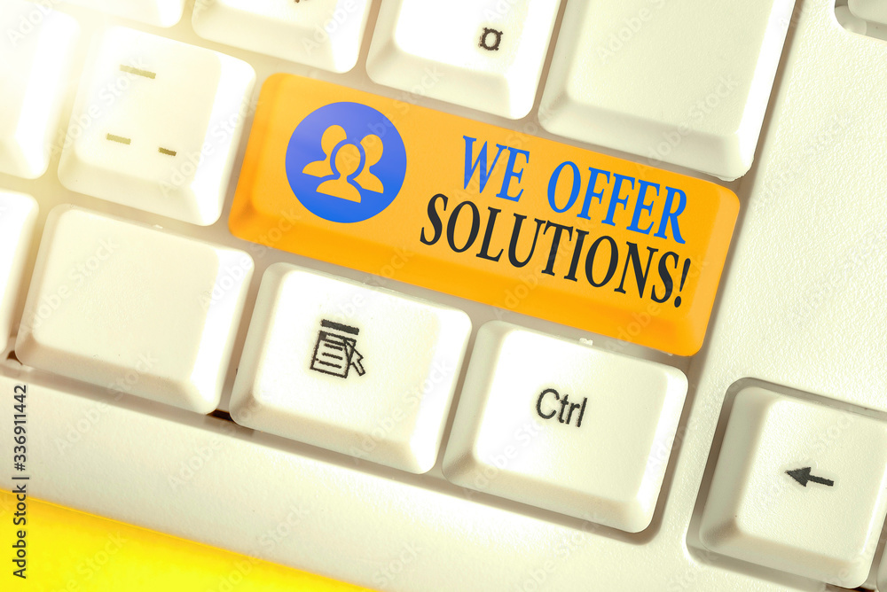 Aufkleber text sign showing we offer solutions. business photo text way to solve problem or deal with difficul