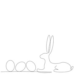 Easter bunny with eggs on white background, animal line drawing vector illustration