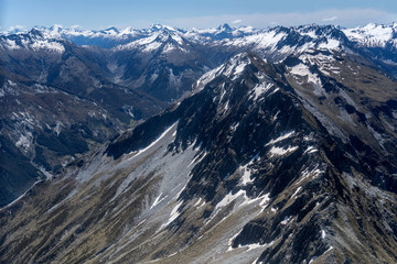 black steep ridges on High Burn valley, from above, New Zealand