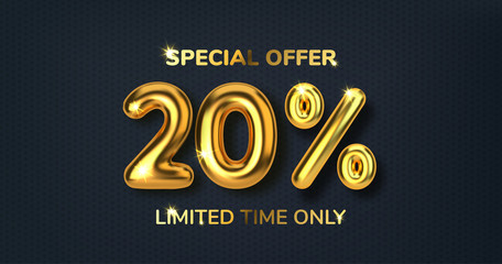 20 off discount promotion sale made of realistic 3d gold balloons. Number in the form of golden balloons. Template for products, advertizing, web banners, leaflets, certificates and postcards. Vector - obrazy, fototapety, plakaty