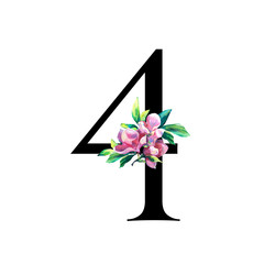 Floral numbers with flowers of magnolia. Hand painted flowers. For wedding, greeting, inviting cards. Black. Pink Blossoms