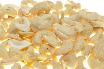 Cashew nuts isolated on a white background. Cashew nut background.Useful fats.Organic  product.